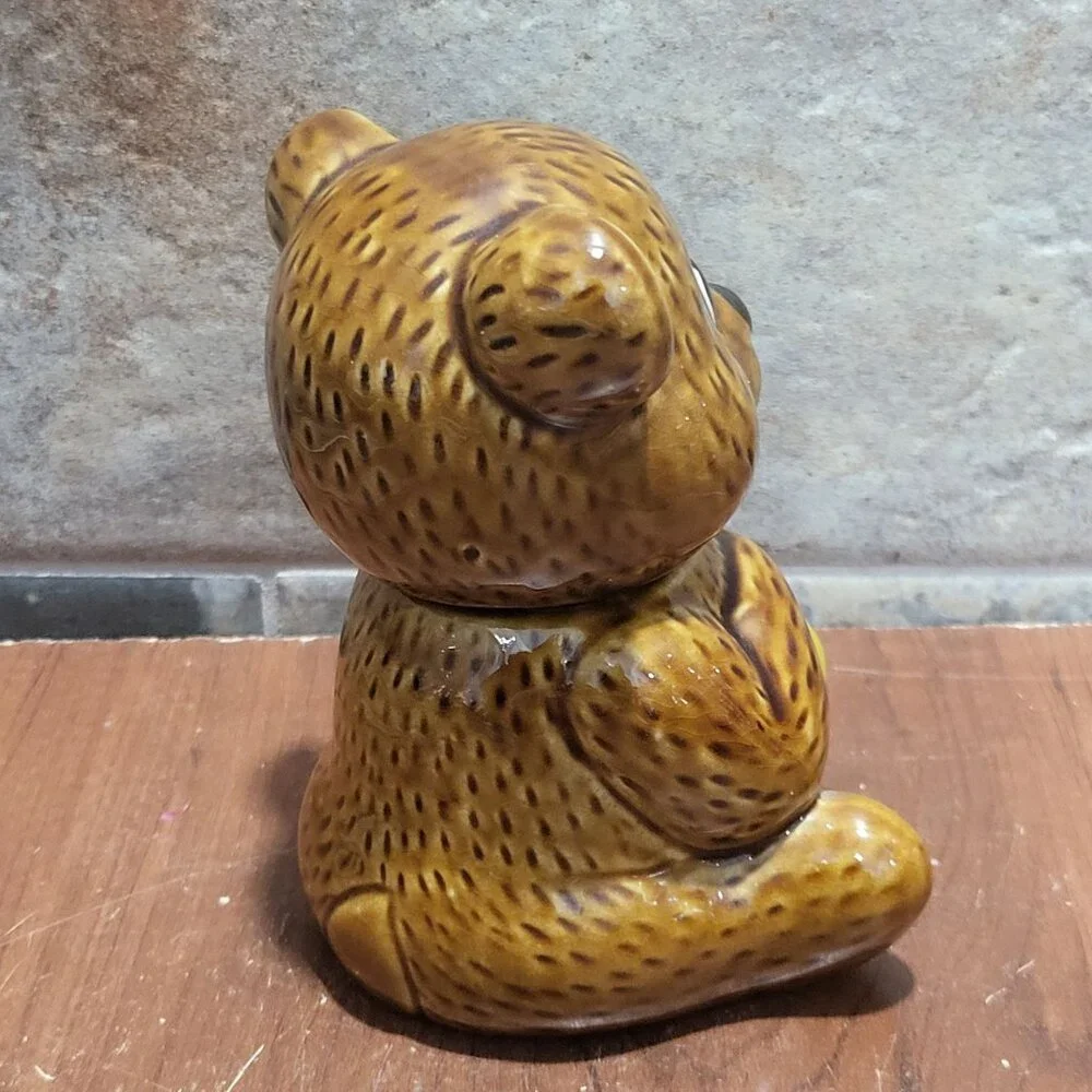 Vintage Ceramic Honey Bear Pot Jar Glossy Brown Glaze Finish